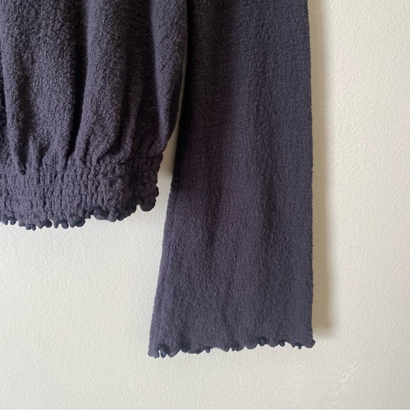 Madewell Black Grey Texture & Thread Smocked Bell Sleeve Top - Picture 2 of 5